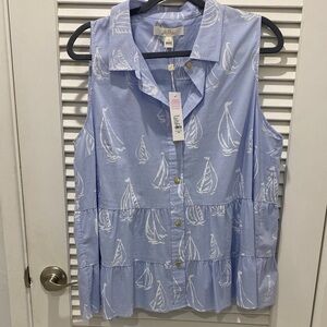 Lilly Pulitzer Blue Sleeveless Blouse with Sailboat Print